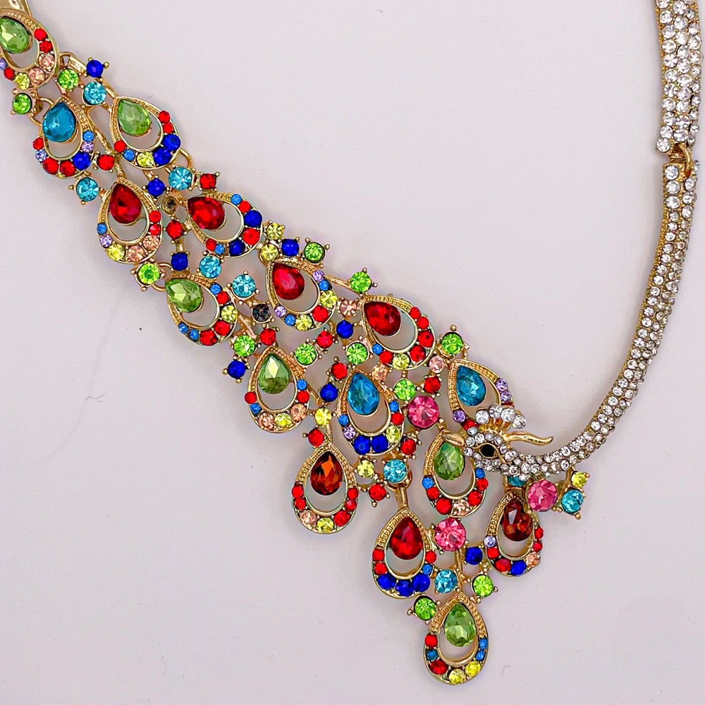 Rainbow colored peacock rhinestone statement necklace